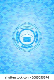 hanger with towel icon inside sky blue emblem with triangle mosaic background. 