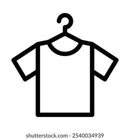 Hanger with a t-shirt icon in clean outline style, representing fashion, clothing, or wardrobe. Minimalist vector design. Editable stroke.