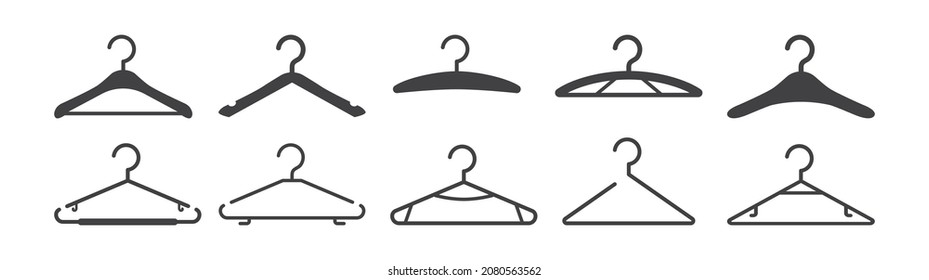 Hanger vector icon, hooks for coat, closet clothes, rack set for cloakroom, black silhouettes isolated on white background. Fashion illustration