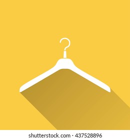 Hanger vector icon with long shadow. White illustration isolated on yellow background for graphic and web design.