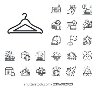 Hanger wardrobe sign. Plane jet, travel map and baggage claim outline icons. Cloakroom line icon. Clothes service symbol. Cloakroom line sign. Car rental, taxi transport icon. Place location. Vector