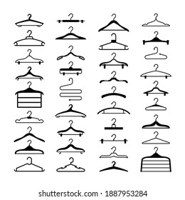 Hangers for clothing set. Wooden black trempel plastic handy tool for hanging things in store at home stylish shapes with curved lines in different contour variations. Vector silhouette.