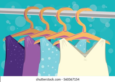 Hangers with colored women's clothes on an abstract background vector illustration