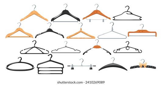 Hangers, hergestellt aus langlebigen Materialien, mit einem schlauen Design für die Organisation und Anzeige von Kleidung, Vektorset