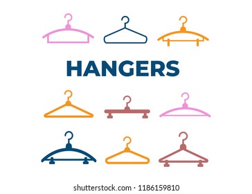 Hangers vector black icons. Cloth hanger, object hanger set