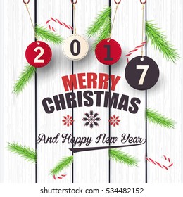 Hanging 2017 Numbers, White Wooden Background, Flyer, Poster. Wood Postcard XMas Ornaments with Happy New Year Celebration Design, Merry Christmas Greeting Card Design
