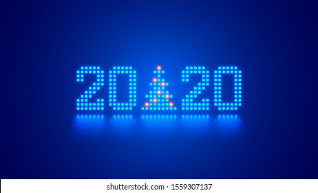 Hanging 2020 number year or digits and Christmas tree consisting blue shining neon square pixels with reflection. Xmas New Year card background. Digital computer technology conceptual holiday banner.