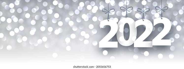 Hanging 2022 on grey bokeh night banner background. Vector holiday illustration.