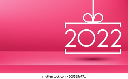 Hanging 2022 square christmas tree toy. Pink  background. Banner with space for text. Vector holiday illustration.