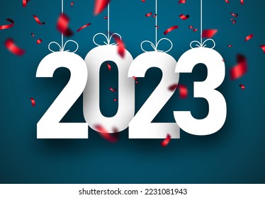 Hanging 2023 with red confetti on blue background.