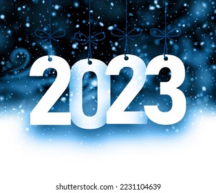 Hanging 2023 sign with bows on night background with snowdrift and snowstorm.