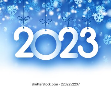 Hanging 2023 sign with bows on blue background with snowflakes.