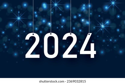 Hanging 2024 sign with sparkling stars background
