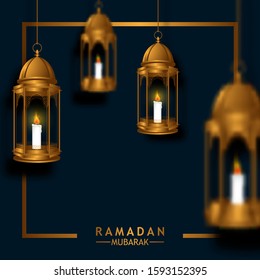 hanging 3D luxury golden fanoos lantern for ramadan mubarak poster banner template