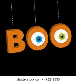 Hanging 3D word BOO text with eyeballs. Dash line thread. Happy Halloween. Greeting card. Flat design. Black background. Vector illustration