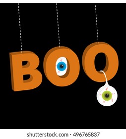 Hanging 3D word BOO text with blue green eyeballs. Dash line thread. Happy Halloween. Greeting card. Flat design. Black background. Vector illustration