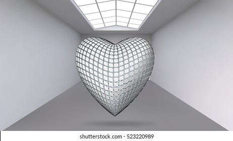 Hanging abstract polygonal object. The white room with the subject in the middle. Exhibition space for objects of modern art. Sci-Fi objects. Structural volumetric grid.