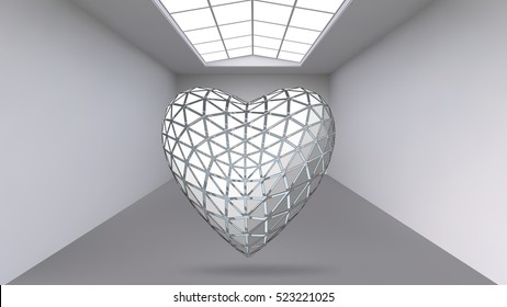 Hanging abstract polygonal object. The white room with the subject in the middle. Exhibition space for objects of modern art. Sci-Fi objects. Structural volumetric grid.