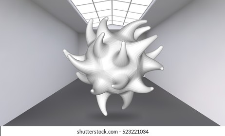 Hanging abstract polygonal object. The white room with the subject in the middle. Exhibition space for objects of modern art. Sci-Fi objects. Structural volumetric grid.