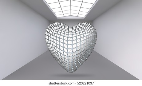 Hanging abstract polygonal object. The white room with the subject in the middle. Exhibition space for objects of modern art. Sci-Fi objects. Structural volumetric grid.