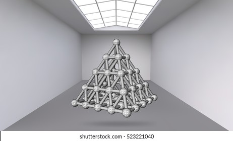Hanging abstract polygonal object. The white room with the subject in the middle. Exhibition space for objects of modern art. Sci-Fi objects. Structural volumetric grid.