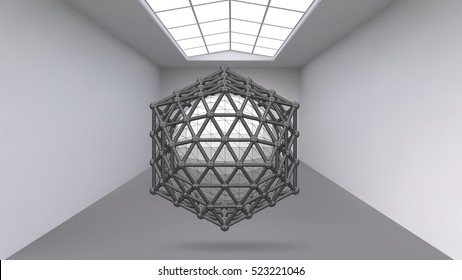 Hanging abstract polygonal object. The white room with the subject in the middle. Exhibition space for objects of modern art. Sci-Fi objects. Structural volumetric grid.