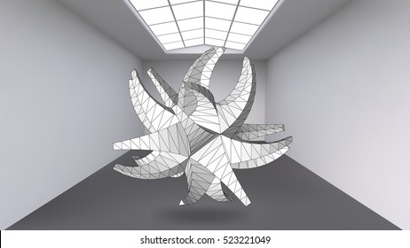 Hanging abstract polygonal object. The white room with the subject in the middle. Exhibition space for objects of modern art. Sci-Fi objects. Structural volumetric grid.