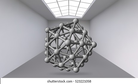 Hanging abstract polygonal object. The white room with the subject in the middle. Exhibition space for objects of modern art. Sci-Fi objects. Structural volumetric grid.