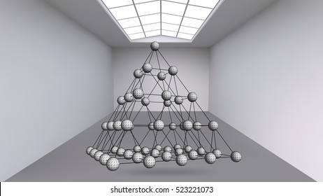 Hanging abstract polygonal object. The white room with the subject in the middle. Exhibition space for objects of modern art. Sci-Fi objects. Structural volumetric grid.