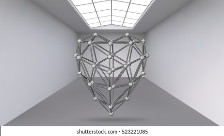 Hanging abstract polygonal object. The white room with the subject in the middle. Exhibition space for objects of modern art. Sci-Fi objects. Structural volumetric grid.