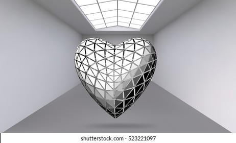 Hanging abstract polygonal object. The white room with the subject in the middle. Exhibition space for objects of modern art. Sci-Fi objects. Structural volumetric grid.