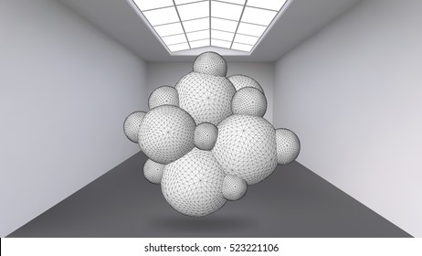Hanging abstract polygonal object. The white room with the subject in the middle. Exhibition space for objects of modern art. Sci-Fi objects. Structural volumetric grid.