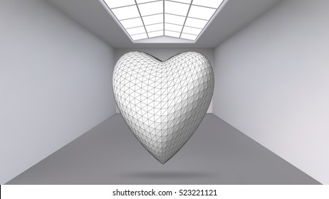 Hanging abstract polygonal object. The white room with the subject in the middle. Exhibition space for objects of modern art. Sci-Fi objects. Structural volumetric grid.