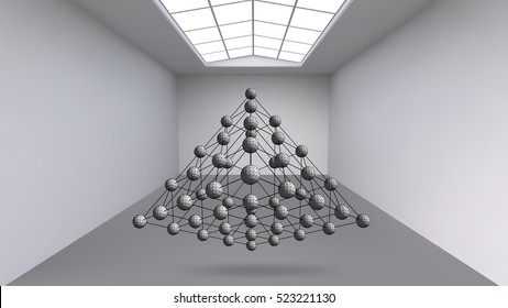 Hanging abstract polygonal object. The white room with the subject in the middle. Exhibition space for objects of modern art. Sci-Fi objects. Structural volumetric grid.