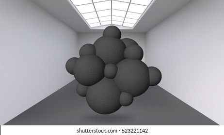 Hanging abstract polygonal object. The white room with the subject in the middle. Exhibition space for objects of modern art. Sci-Fi objects. Structural volumetric grid.