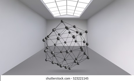 Hanging abstract polygonal object. The white room with the subject in the middle. Exhibition space for objects of modern art. Sci-Fi objects. Structural volumetric grid.