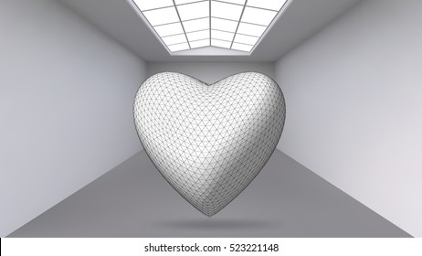 Hanging abstract polygonal object. The white room with the subject in the middle. Exhibition space for objects of modern art. Sci-Fi objects. Structural volumetric grid.