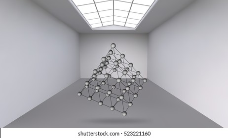 Hanging abstract polygonal object. The white room with the subject in the middle. Exhibition space for objects of modern art. Sci-Fi objects. Structural volumetric grid.