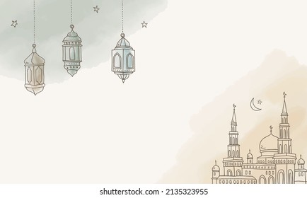 Hanging arab Laternen, Sterne und Lichter. Handgezeichnete Moschee, Mond und Sterne. Grußkarte, Einladung für muslimischen Urlaub Ramadan Kareem. Handgezeichnet, Vektorgrafik, Hintergrund. Aquarellkunst.