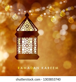 Hanging ílluminated arabic lamp, lantern with string of golden lights. Festive blurred vector illustration background for muslim community holy month Ramadan Kareem with bokeh effect.