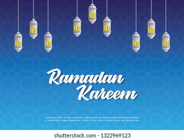 Hanging arabic lantern on blue background. Ramadan Kareem or Eid mubarak greeting card islamic vector design.