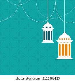 Hanging Arabic Lanterns Decorated On Blue Floral Design Background And Copy Space.