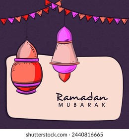 Hanging arabic lanterns on brown and beige background for celebrations of Islamic holy month of prayers, Ramadan Mubarak.