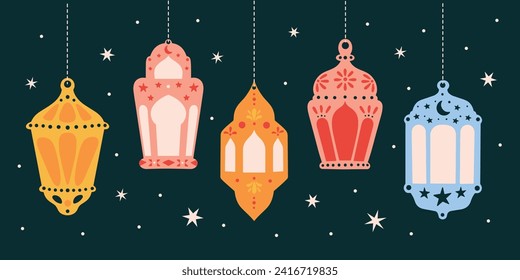 Mit arabischen traditionellen Ostlantern Garland Vektorgrafik-Banner für Ramadan Kareem Urlaub, Symbole von Ramadan Mubarak. Islamischer Hintergrund mit Sternen im Cartoon-Stil. Muslime Lampen Kunst.