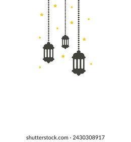 hanging Arabic traditional Ramadan Kareem lantern. Eid Fitr or Adha Mubarak. Simple Greeting banner card with lamp stars symbol Outline line icon Vector Illustration