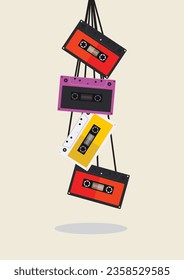 hanging audio cassette tapes and empty space for your text and logo suitable for banner with retro style vector illustration. 1990 style. suitable for background for presentation or wallpaper. wall ar