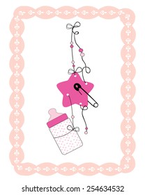 Hanging baby bottle, safety pin, star baby girl arrival card 