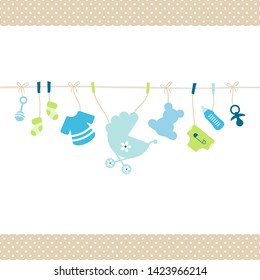 Hanging Baby Boy Icons Straight String Dots Border Beige