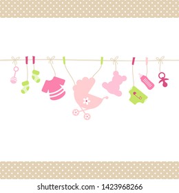 Hanging Baby Girl Icons Straight String Dots Border Beige