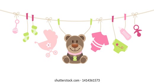 Hanging Baby Icons And Teddy Girl Bow Pink And Green